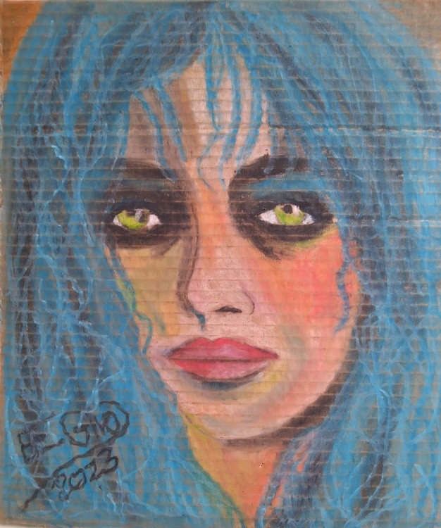 Woman with Curly Blue hair and Green Eyes