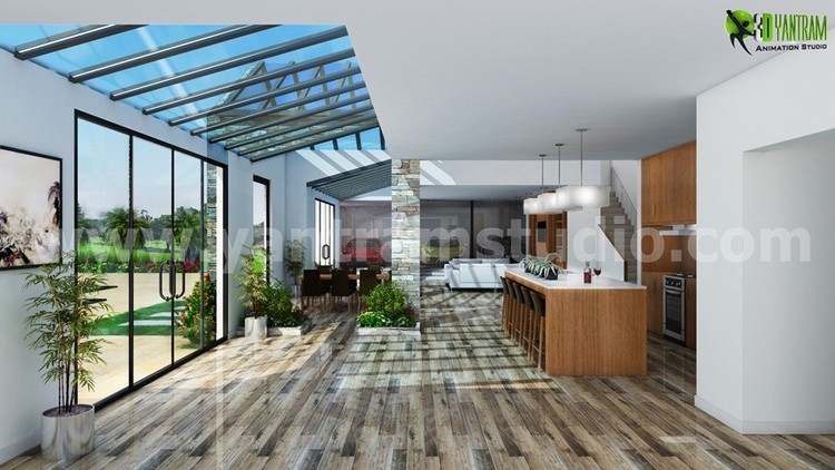 3D Interior Living and Kitchen Room View