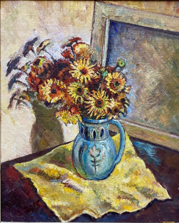 Still Life with Yellow Flowers in a Blue Maiolica Vase
