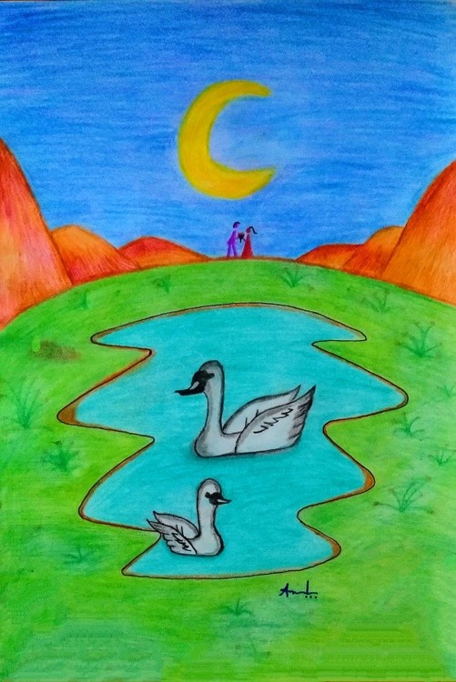 Summer couple landscape color pencil art.. 