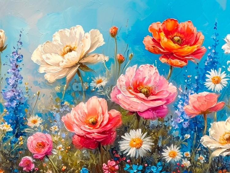 Spring Print, Flower Field Landscape Printable Art, Flower Meadow Oil Painting, Vintage Style decor