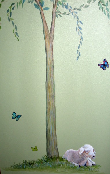 Baby lamb under tree, mural