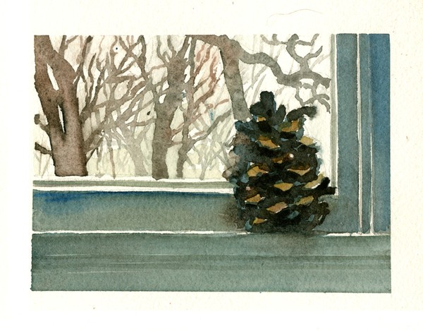 peck pinecone on sill