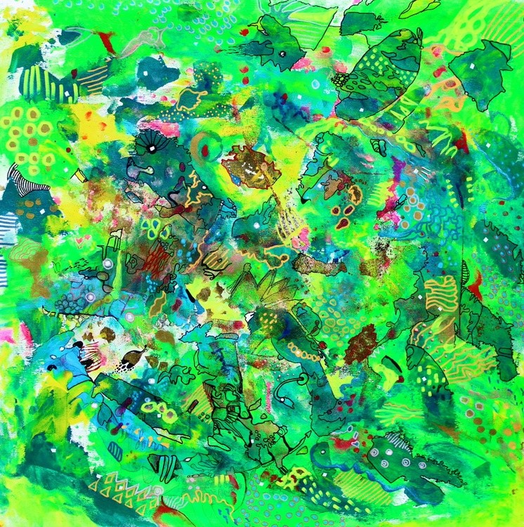 659. Emerald Vibrant Abstract Expressionism: Green Harmony with Intricate Patterns