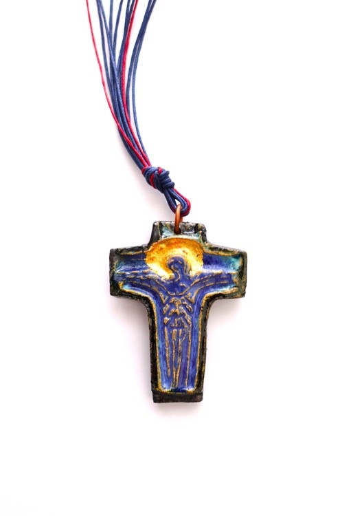 Pottery Studio Stoneware ceramic 22K Gold Blue glaze Tau cross pendant, necklace, saint francis cros