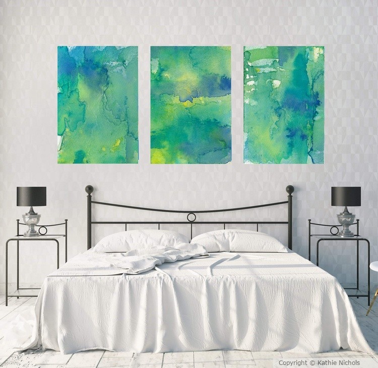 Abstract Green and Blue Triptych on Wall