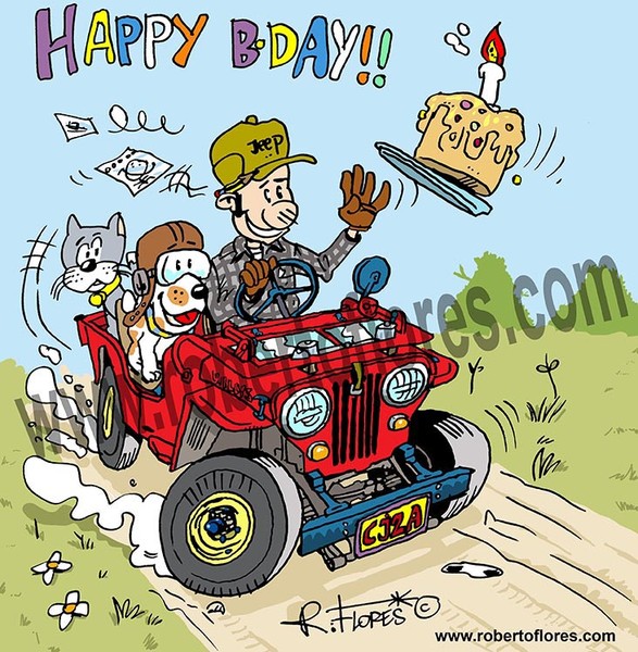 Birthday card depicting a 1940s Willys CJ2A jeep model with some of the cha...