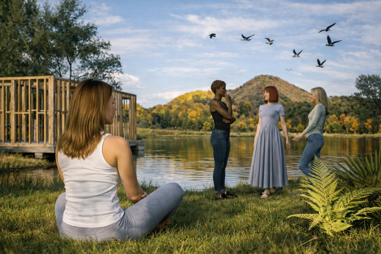 Women conversing by a peaceful lake
