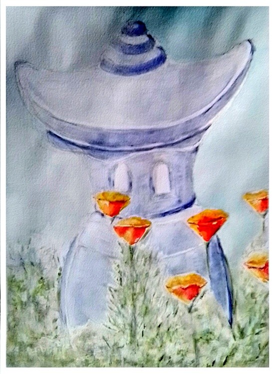 Pagoda and Poppies Painting