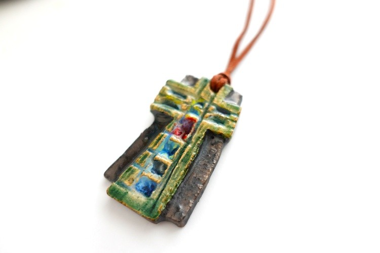Pottery Studio Stoneware ceramic 22K Gold Blue glaze Tau cross pendant, necklace, saint francis cros