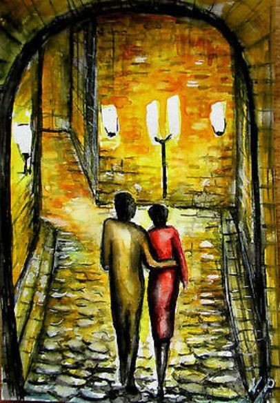 night walk together watercolour painting