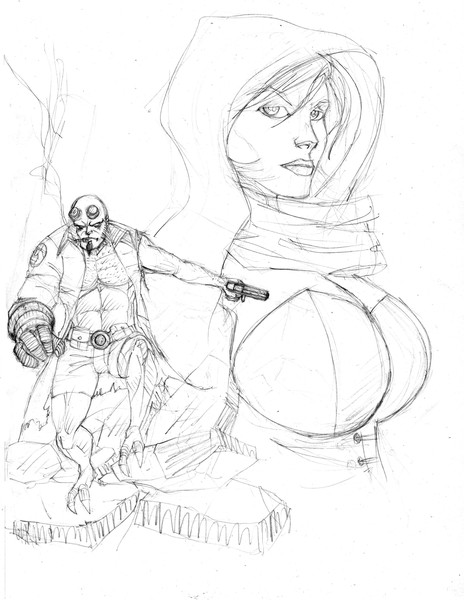 hellboy stands on some rocks...ghost looks bored