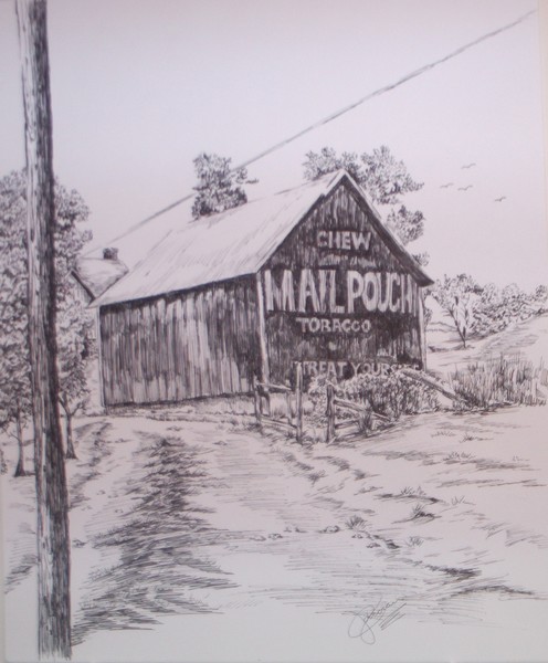 BARN WITH FARM HOUSE IN BACKGROUND