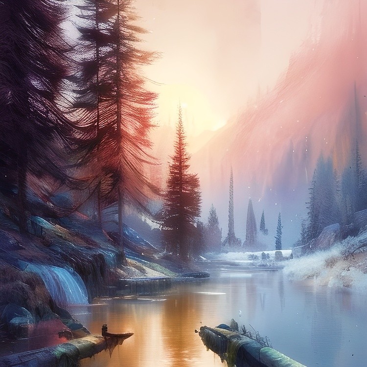 Snowy mountain river sunrise