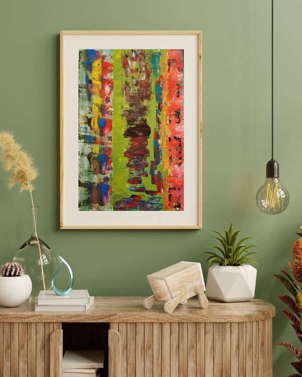 Green Modern Living Room With Abstract painting
