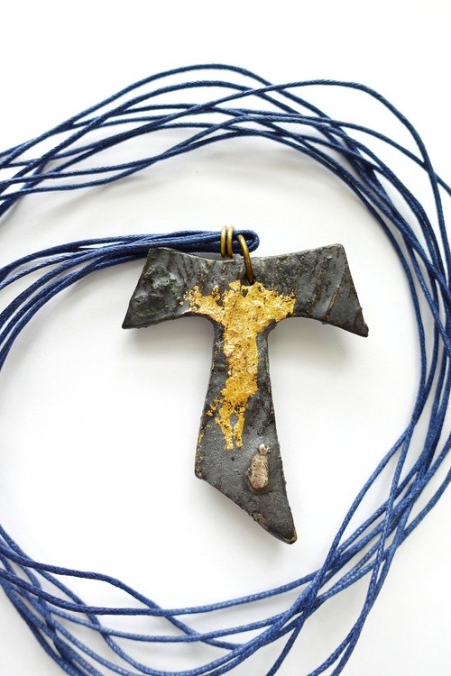 Pottery Studio Stoneware ceramic 22K Gold Blue glaze Tau cross pendant, necklace, saint francis cros