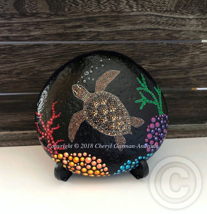 Sea Turtle & Coral Reef Dot Art River Stone