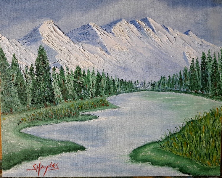 Mountain scene in oils