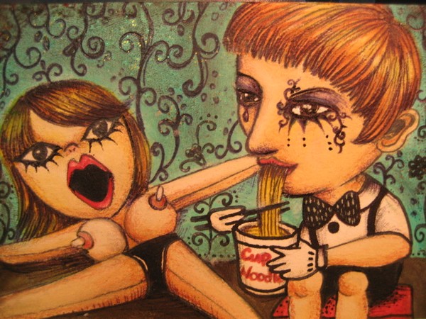 ACEO-A boy, doll and cup noodle