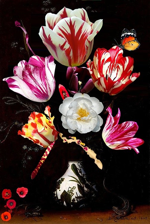 STILL LIFE WITH VARIEGATED TULIPS IN A CERAMIC VASE, WITH A WASP, DRAGONFLY, BUTTERFLY AND LIZARD