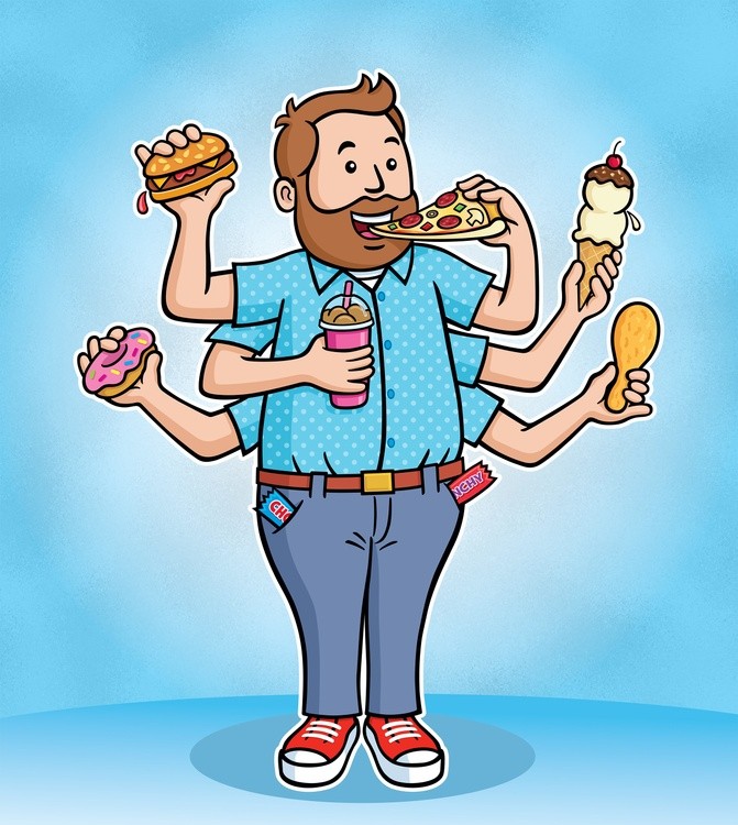 Junk Food Guy Eating With Six Arms