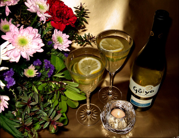 flowers wine and candle light