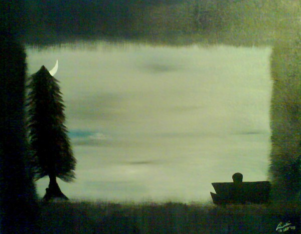 a bench; a tree; a moon; a man