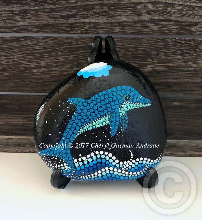 Blue Dolphin Dot Art River Stone