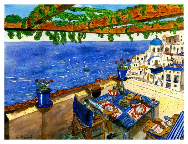 Lunchtime in Santorini.-