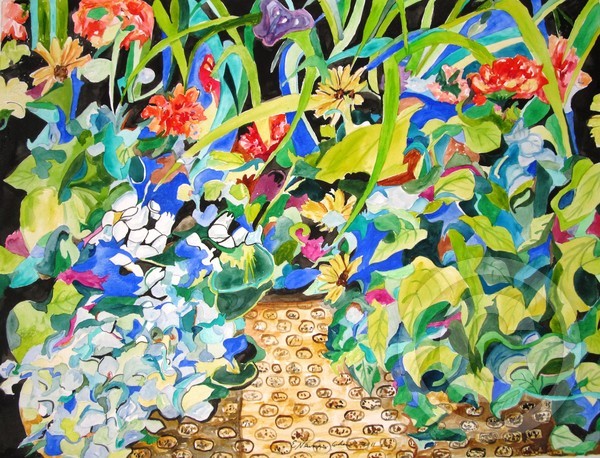 Spring Flowers in a Brown Basket,  Aquarelle, 2011, 65x50 cm., 25.6 x 19.7 in