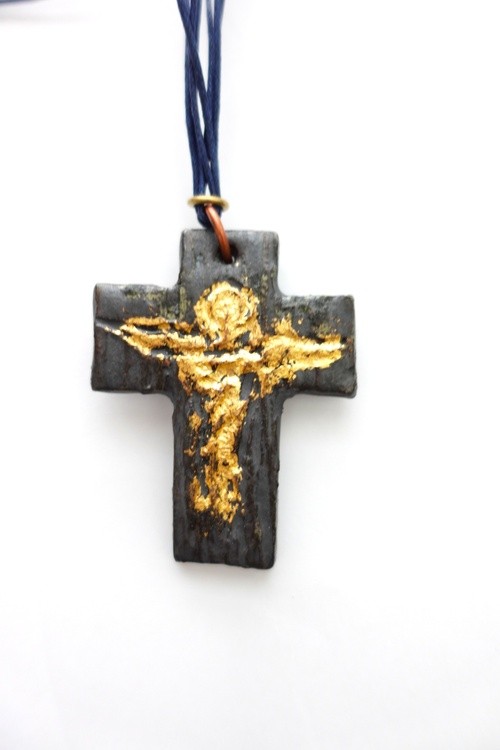 Pottery Studio Stoneware ceramic 22K Gold Blue glaze Tau cross pendant, necklace, saint francis cros