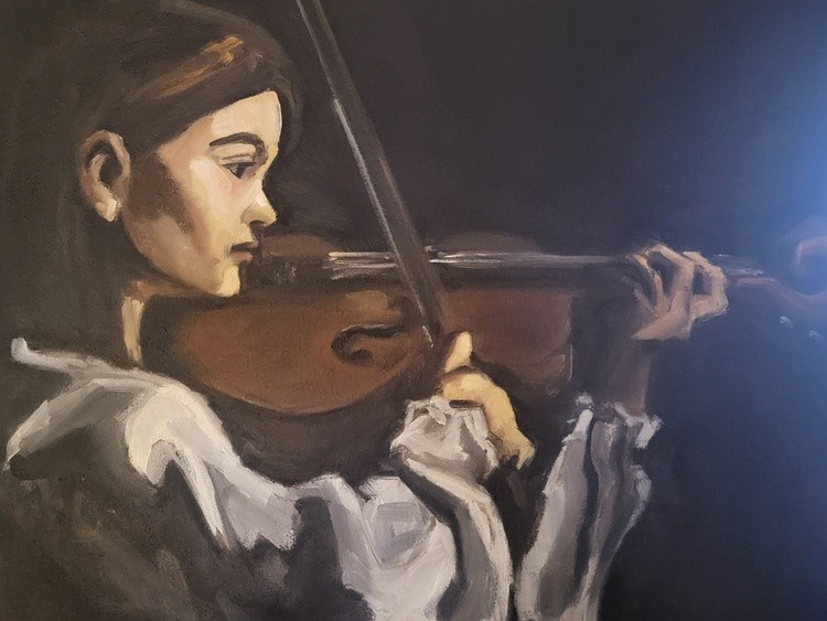 Violinist in white 18×24 oil on canvas