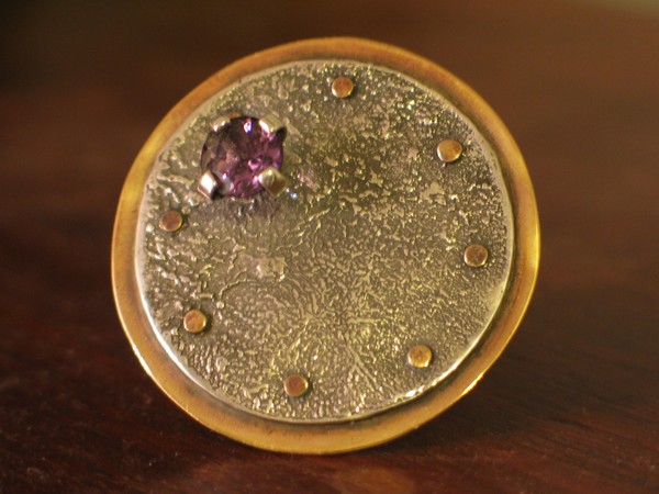 Reticulated sterling silver, brass & amethyst ring