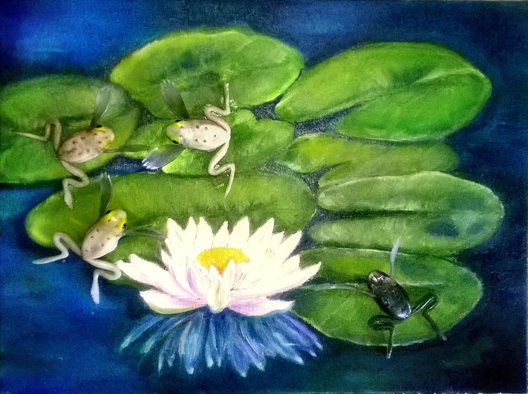  Festa grande allo stagno cm 30x40 olio e riciclo su tela 2018