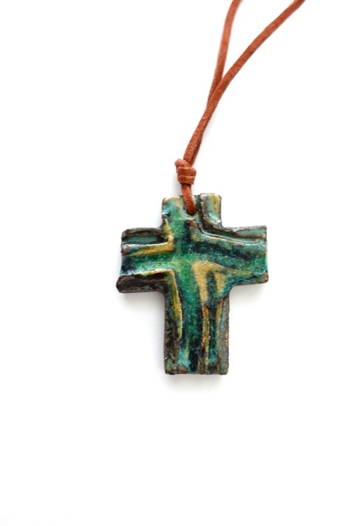 Pottery Studio Stoneware ceramic 22K Gold Blue glaze Tau cross pendant, necklace, saint francis cros