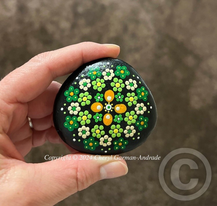 Green Flower Mandala Dot Art River Stone.