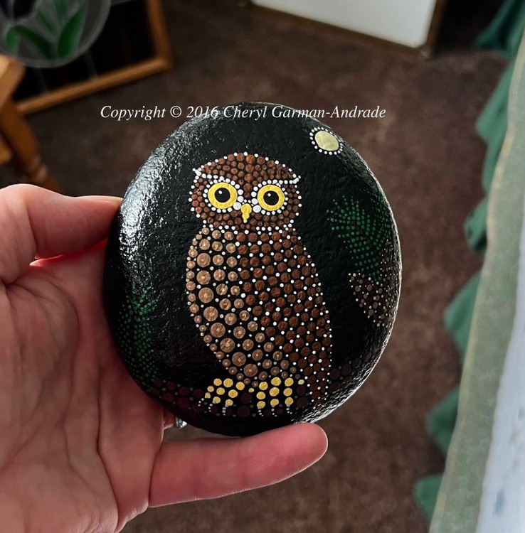 Hoot Owl and Moon Dot Art River Stone
