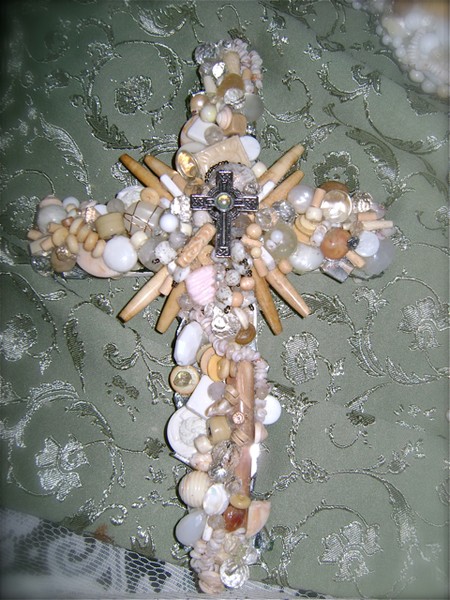 COLLAGE/CROSS WITH BEADS, CRYSTAL