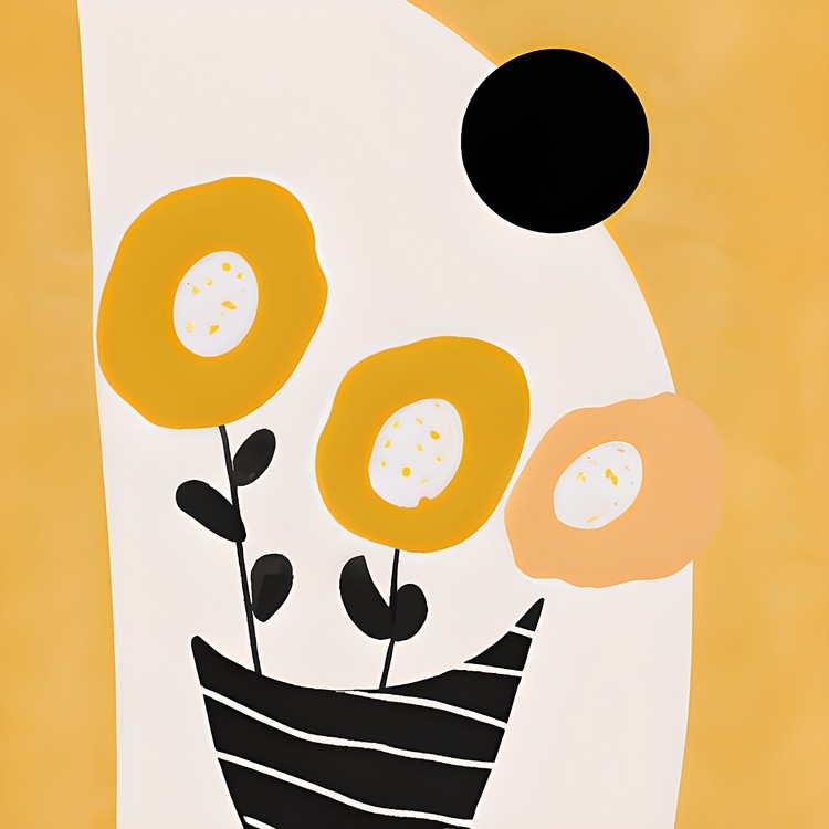 Yellow and black abstract flowers minimalist painting