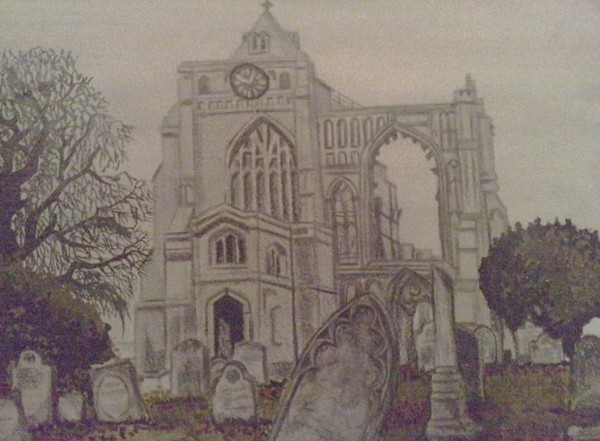 winter mist across crowland abbey, lincs