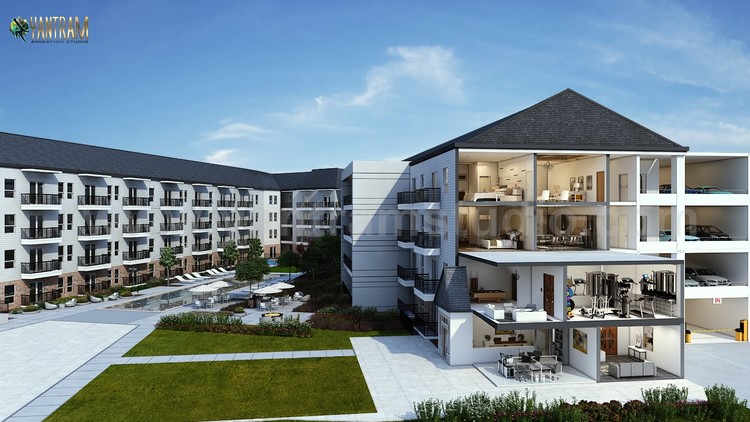 front cut section of virtual interactive 3d floor plan design by architectural animation studio
