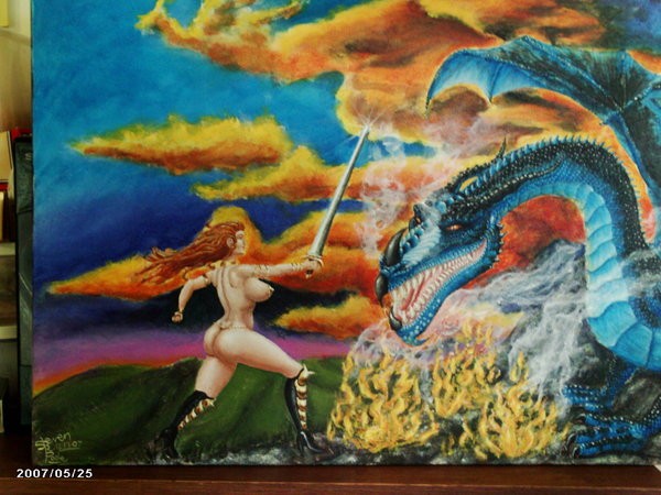 woman fighting a dragon