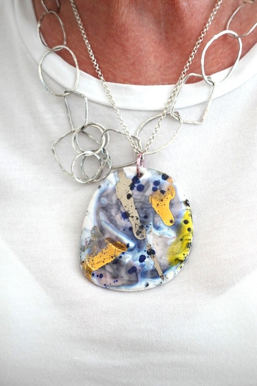  Summer in Italy.Yellow Gold. Porcelain Necklaces Pendant , Wearable art Gomolk Art Studio Line