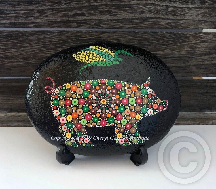 Autumn Mandala Pig & Corn Dot Art River Stone