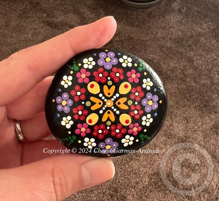 Orange, Red & Purple Flower Mandala Dot Art River Stone.