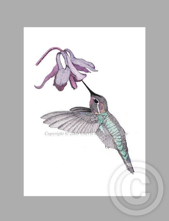 Hummingbird and Columbine Ink Pointillism