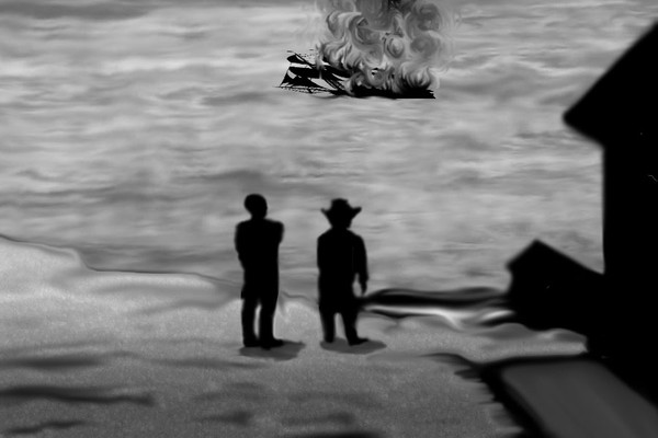 Silowet of a man watching his ship die in the sea.