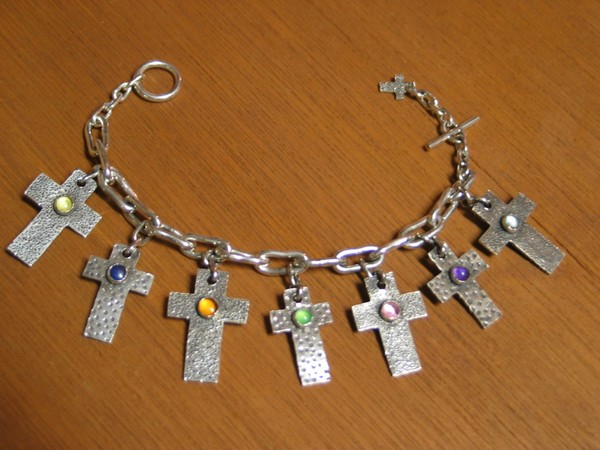 Silver textured cross charm bracelet w\ gemstones