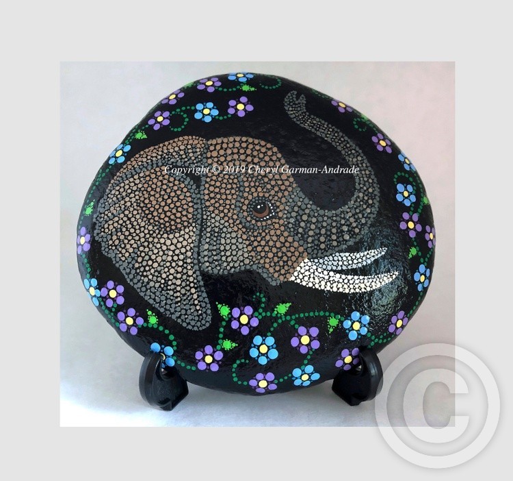 Elephant & Flowers Dot Art River Stone 