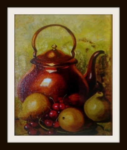 Copper kettle and fruit painting from the 70s 